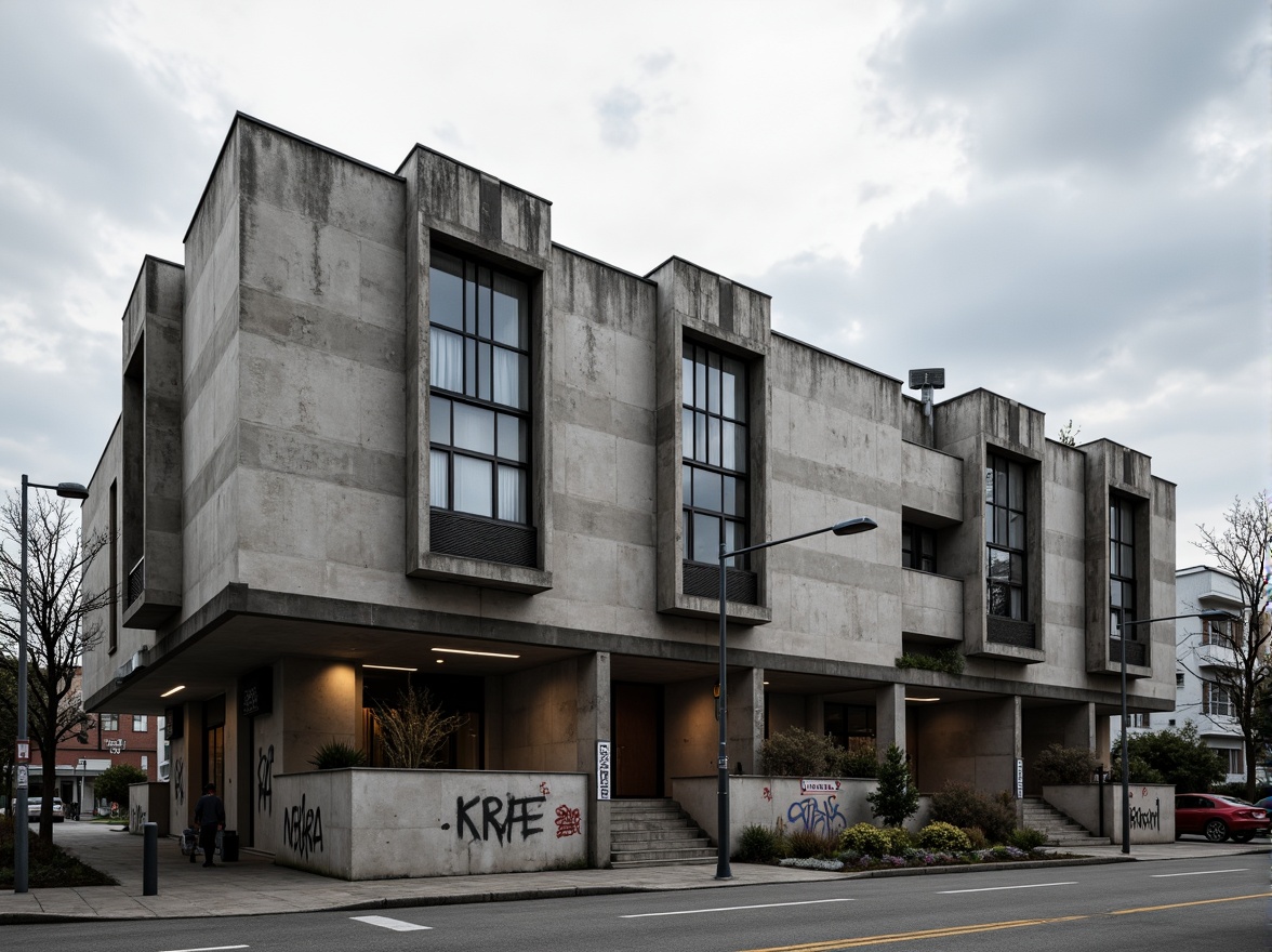 Prompt: Rugged community center, brutalist architecture, raw concrete walls, fortress-like structure, angular lines, geometric shapes, industrial materials, metal beams, exposed ductwork, urban landscape, city streets, graffiti art, street lamps, cloudy sky, dramatic lighting, high contrast, 1/1 composition, symmetrical framing, gritty textures, ambient occlusion.