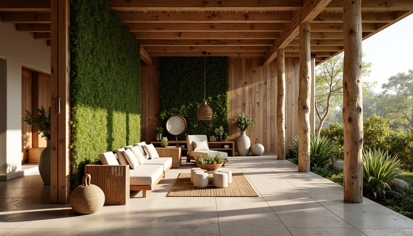 Prompt: Earthy tones, reclaimed wood accents, living green walls, organic shapes, natural stone flooring, bamboo textures, woven rattan furniture, eco-friendly materials, sustainable architecture, minimalist design, abundant natural light, soft warm ambiance, shallow depth of field, 1/1 composition, realistic rendering, ambient occlusion.