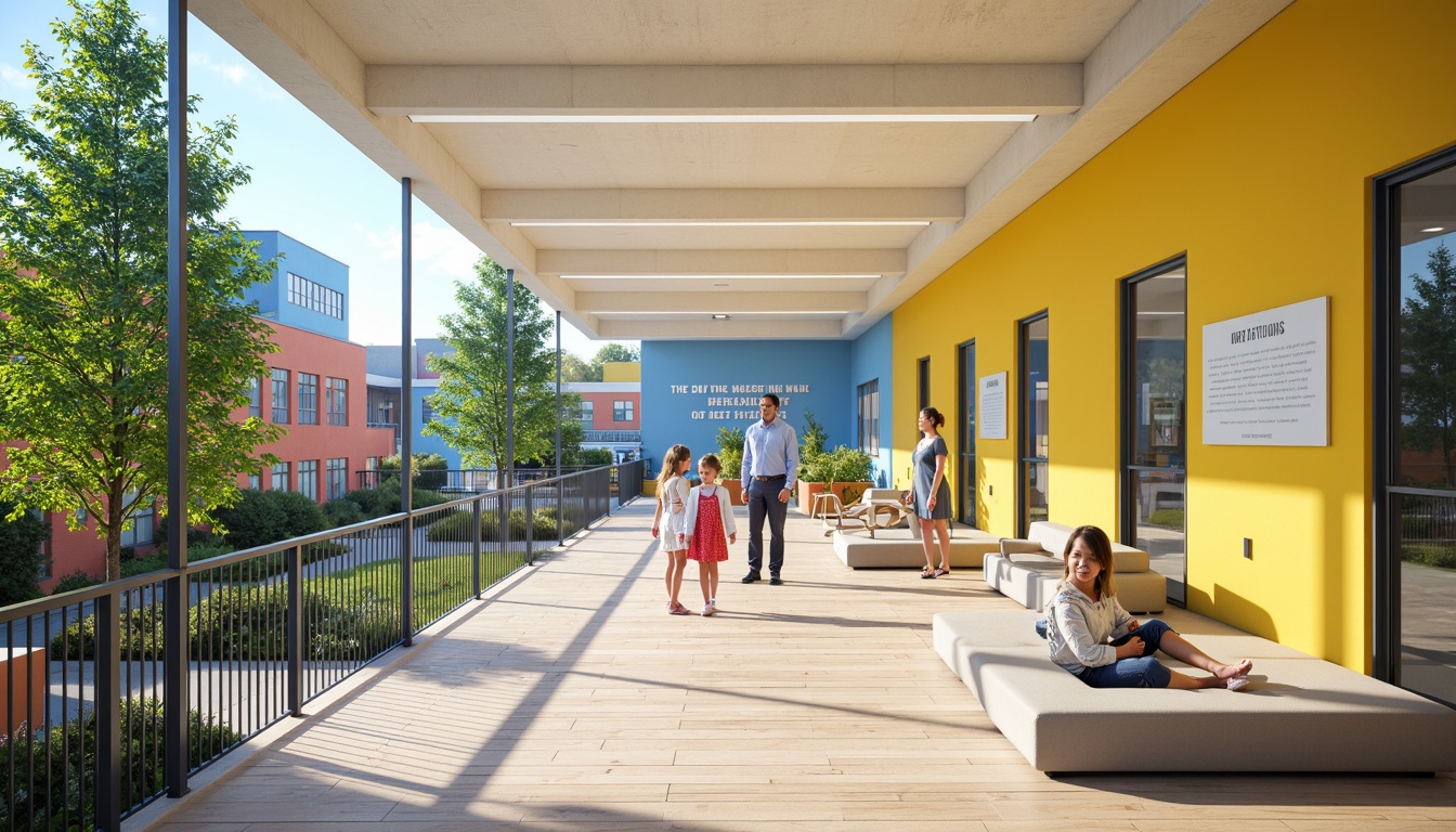 Prompt: Vibrant elementary school, modern streamline architecture, bold primary colors, bright yellow accents, calming blue tones, crisp white walls, polished wooden floors, sleek metal railings, minimalist design, abundant natural light, floor-to-ceiling windows, sliding glass doors, lush greenery, playful outdoor spaces, educational signage, inspirational quotes, motivational murals, collaborative learning areas, flexible seating arrangements, soft warm lighting, shallow depth of field, 3/4 composition, panoramic view, realistic textures, ambient occlusion.