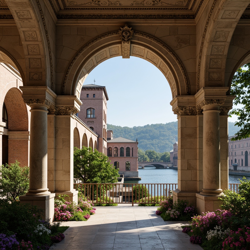 Prompt: Elegant archways, ornate stone carvings, rustic brick facades, grandiose bridge structures, serene water reflections, lush greenery, vibrant flowers, majestic river views, sunny day, soft warm lighting, shallow depth of field, 3/4 composition, panoramic view, realistic textures, ambient occlusion, Renaissance-inspired ornateness, classical columns, symmetrical architecture, harmonious proportions, intricate stonework, weathered copper details, ornamental lanterns.