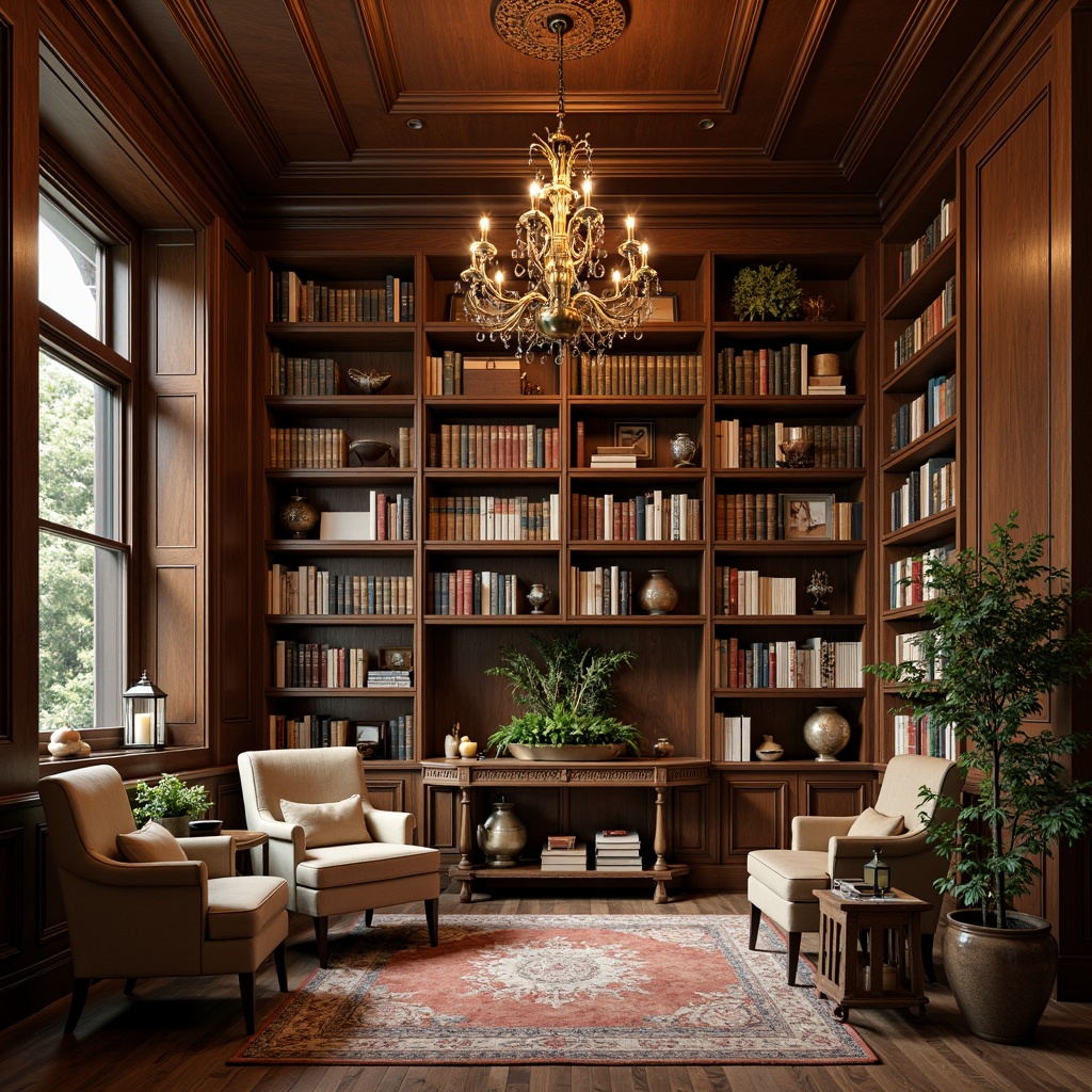 Prompt: Cozy library atmosphere, warm wooden shelves, comfortable reading nooks, soft cushioned chairs, rich leather-bound books, elegant chandeliers, subtle natural light, earthy tone color palette, soothing sage greens, muted terracotta reds, creamy whites, dark walnut wood accents, vintage metal lanterns, ornate wooden paneling, plush area rugs, warm golden lighting, shallow depth of field, 2/3 composition, realistic textures, ambient occlusion.