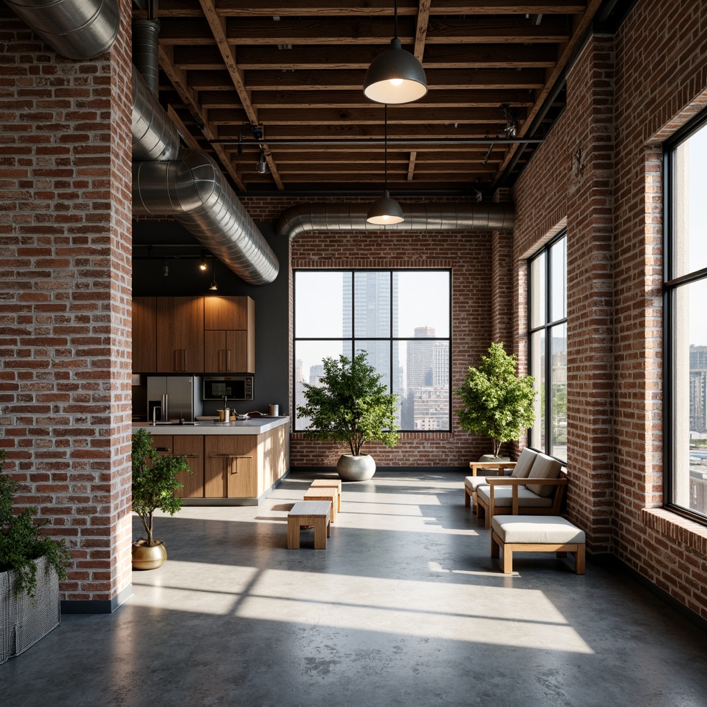 Prompt: Exposed brick walls, metal beams, reclaimed wood accents, industrial-style lighting fixtures, concrete floors, urban cityscape, converted warehouse, modern minimalist decor, functional simplicity, neutral color palette, distressed textures, edgy architectural lines, brutalist structures, functional spaces, open floor plans, natural ventilation systems, abundant natural light, high ceilings, urban loft atmosphere, gritty urban feel, dramatic shadows, low-key lighting, 3/4 composition, realistic materials, ambient occlusion.