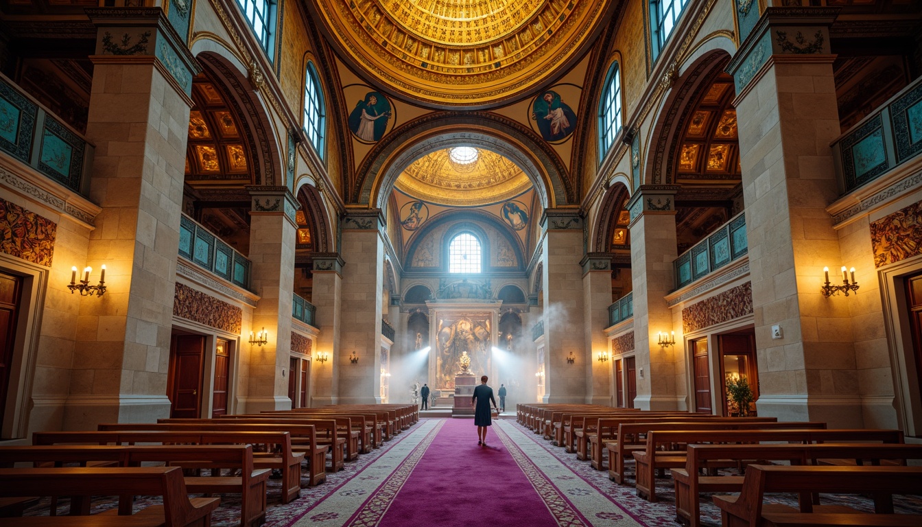 Prompt: Majestic Byzantine church, golden domes, intricate mosaics, rich jewel tones, warm beige stone walls, ornate frescoes, vibrant turquoise accents, regal purple hues, soft candlelight, atmospheric fog, mystical ambiance, high contrast lighting, dramatic shadows, symmetrical composition, ornate details, luxurious fabrics, antique textures, ancient artifacts.