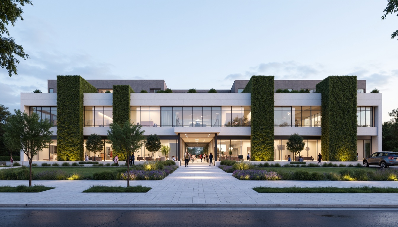 Prompt: Clean hospital facade, minimalist architecture, simple rectangular forms, flat roofs, neutral color palette, large glass windows, metal frames, subtle shading devices, vertical green walls, living walls, natural stone cladding, smooth concrete surfaces, hidden LED lighting, soft ambient illumination, 1/1 composition, symmetrical balance, realistic materials, subtle texture variations.