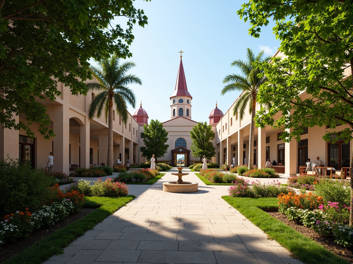 Prompt: \Serene church courtyard, lush greenery, vibrant flowers, ornate fountains, walking paths, benches, classical columns, symmetrical architecture, grand entrance, stone statues, manicured lawns, seasonal blooming plants, sunny day, soft warm lighting, shallow depth of field, 3/4 composition, panoramic view, realistic textures, ambient occlusion.\Let me know if you need any adjustments!