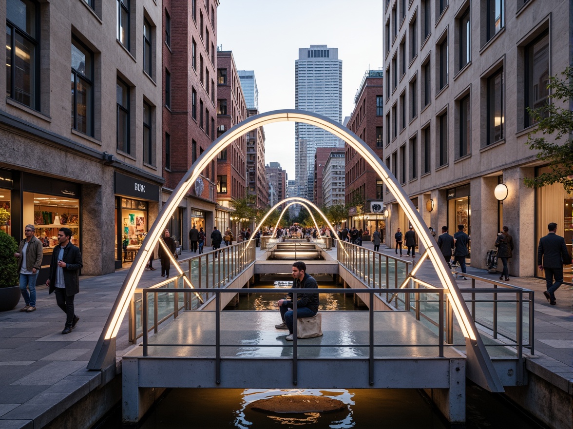 Prompt: Futuristic pedestrian bridge, sleek metal railings, translucent glass floors, LED lighting strips, dynamic arches, suspended walkways, urban cityscape, bustling streets, modern skyscrapers, vibrant street art, eclectic crowd, warm evening ambiance, soft golden lighting, shallow depth of field, 1/2 composition, realistic reflections, ambient occlusion, durable stainless steel, weathered wood accents, high-strength concrete piers, cantilevered sections, minimalist support columns.