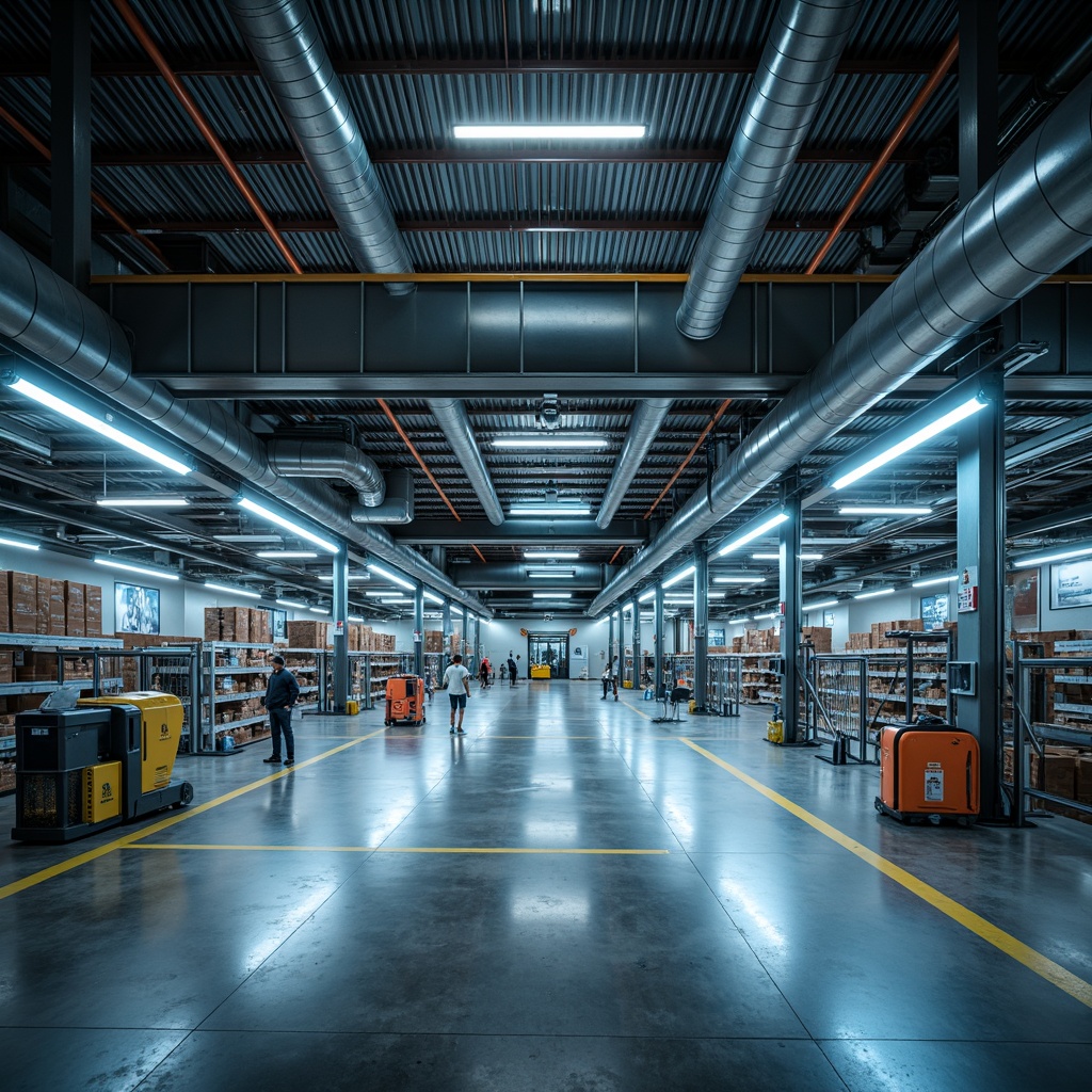 Prompt: Futuristic warehouse interior, exposed ductwork, metallic beams, polished concrete floors, neon-lit catwalks, suspended LED lights, industrial-style lamps, high-ceilinged spaces, automated storage systems, robotic arms, sleek metal shelving, minimalist decor, ambient occlusion, softbox lighting, 1/1 composition, shallow depth of field, realistic textures.