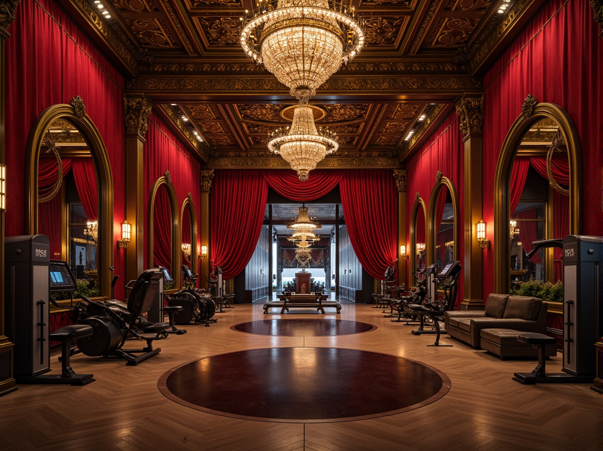 Prompt: Luxurious fitness studio, rich velvet drapes, ornate gold accents, bold red walls, dark wood flooring, crystal chandeliers, lavish furnishings, regal atmosphere, intense workout areas, heavy iron equipment, dramatic lighting, deep shadows, warm golden tones, opulent textures, intricate patterns, grandiose architecture, majestic columns, sweeping archways, vibrant jewel-toned accents.