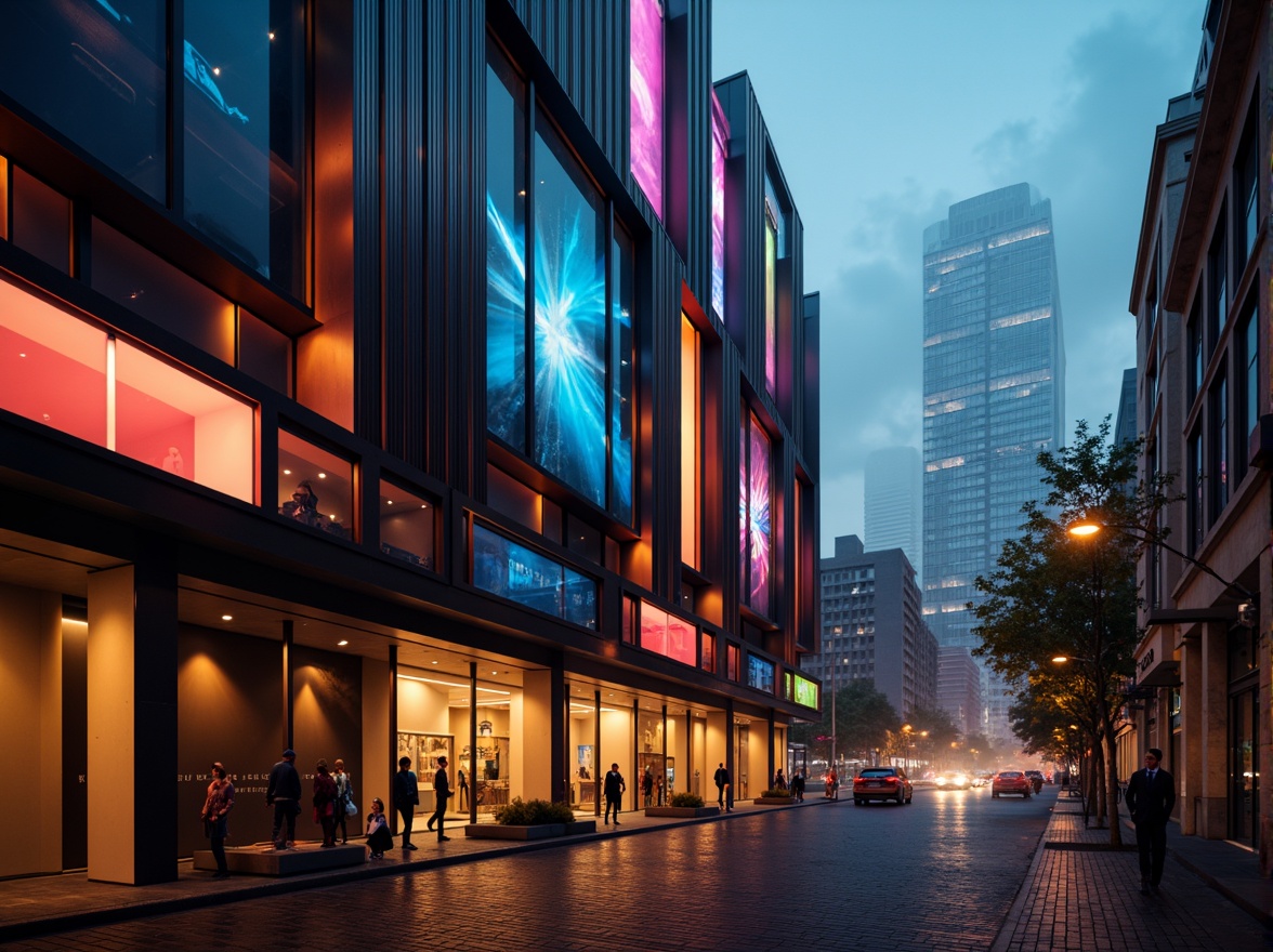 Prompt: Dramatic building facade, bold geometric shapes, vibrant neon lights, abstract patterns, moody shadows, atmospheric fog, misty evening, warm golden lighting, high-contrast illumination, futuristic cityscape, sleek skyscrapers, metallic materials, reflective surfaces, dynamic LED displays, colorful ambient glow, 3/4 composition, low-angle shot, cinematic mood, expressionist architecture, avant-garde design.