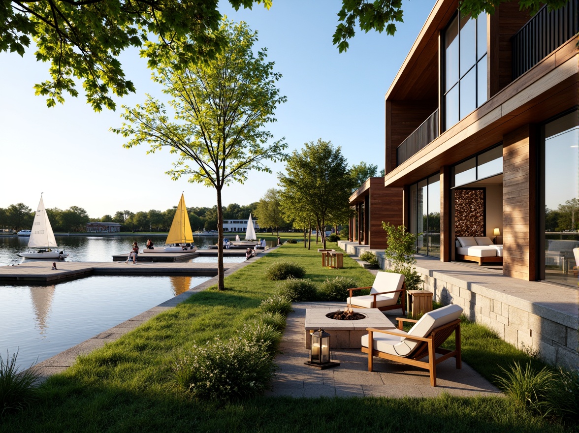 Prompt: Scenic lakefront location, serene waterfront views, lush greenery, rustic wooden docks, sailboats, kayaks, paddleboards, tranquil atmosphere, warm sunny day, soft gentle lighting, shallow depth of field, 3/4 composition, panoramic view, realistic water reflections, ambient occlusion, modern eco-friendly architecture, sustainable building materials, large windows, sliding glass doors, natural stone walls, wooden accents, cozy outdoor seating areas, fire pit, lanterns, nautical-themed decor.