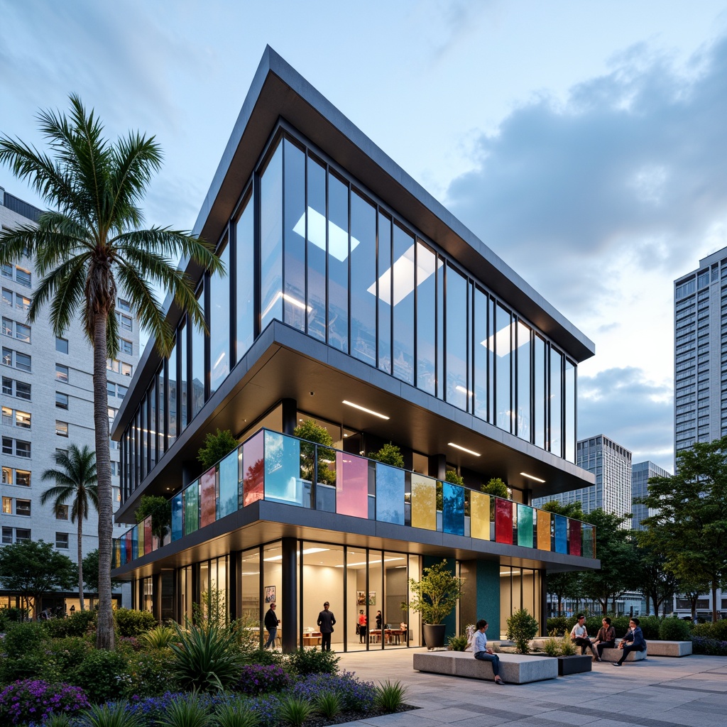 Prompt: Modern international school facade, sleek glass curtain walls, minimalist metal frames, cantilevered roofs, open-air balconies, vibrant colorful accents, geometric patterns, abstract sculptures, lush greenery, tropical plants, natural stone cladding, steel beams, exposed ductwork, industrial chic aesthetic, urban cityscape background, cloudy blue sky, soft diffused lighting, shallow depth of field, 2/3 composition, realistic textures, ambient occlusion.