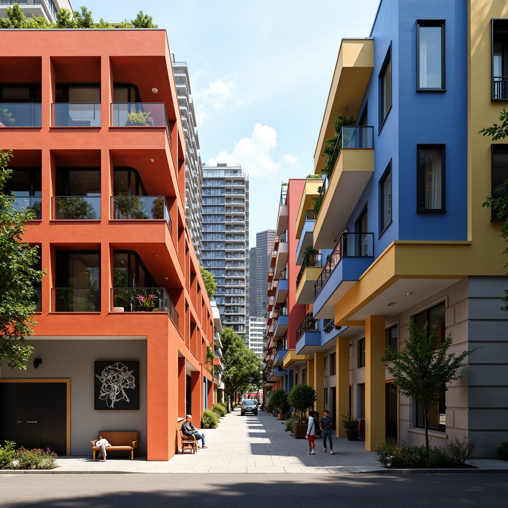 Prompt: Geometric student halls, bold primary colors, rectangular windows, flat roofs, functionalist architecture, industrial materials, exposed pipes, minimalist decor, communal living spaces, modernist furniture, abstract artwork, urban surroundings, busy streets, contemporary cityscape, natural light, high contrast shadows, dramatic lighting, 1/1 composition, symmetrical framing, realistic textures, ambient occlusion.