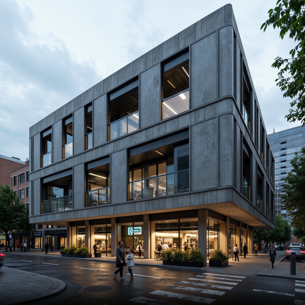 Prompt: Industrial laboratory building, constructivist architecture, brutalist concrete facade, geometric metal cladding, angular lines, minimalist design, functionalism emphasis, scientific equipment, futuristic details, neon lighting accents, urban cityscape background, overcast sky, dramatic shadows, high-contrast lighting, 1/1 composition, symmetrical framing, realistic materials, ambient occlusion.