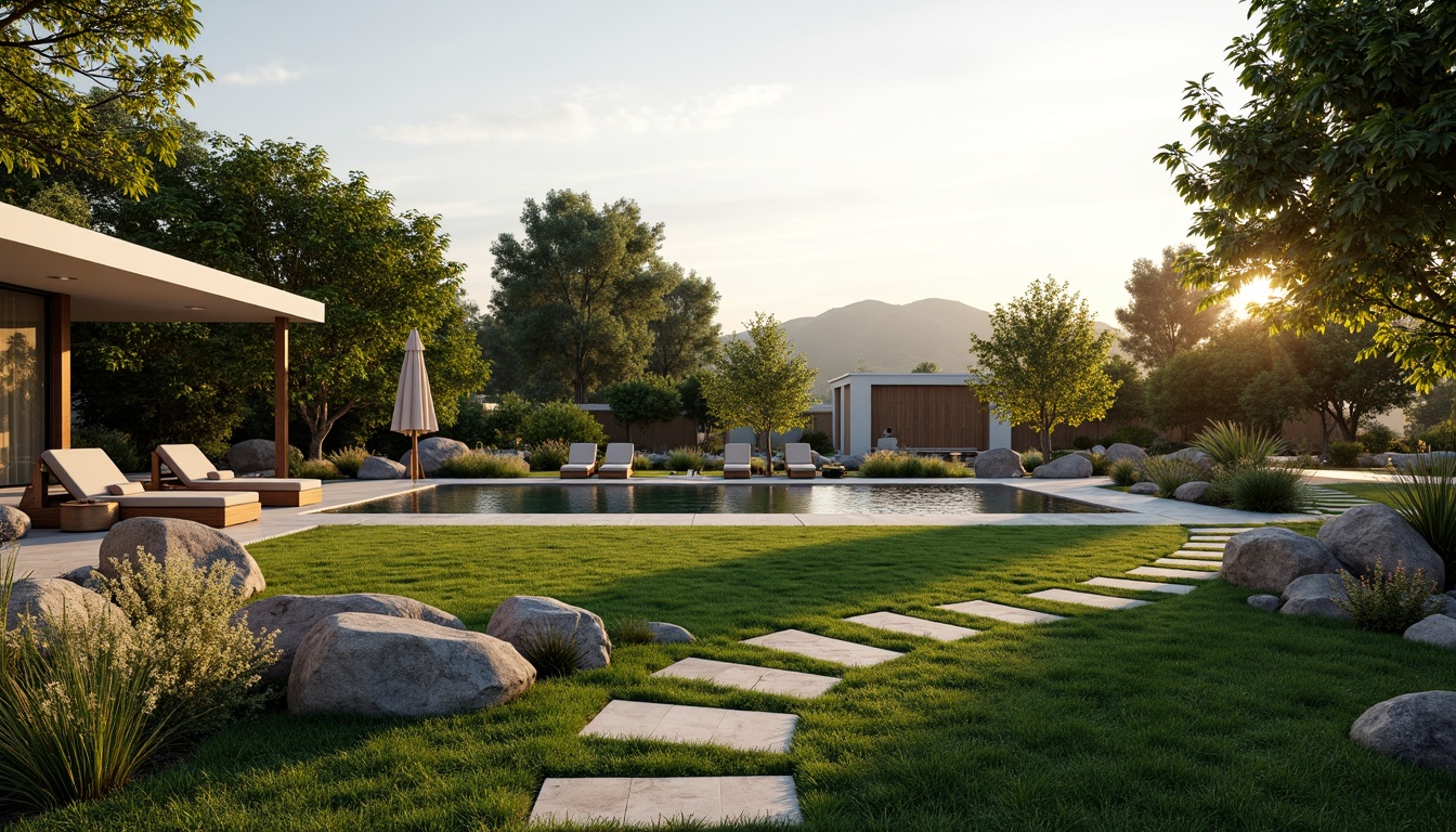 Prompt: Sleek modern villas, lush green lawns, vibrant flowerbeds, meandering stone pathways, tranquil water features, natural rock formations, wooden decks, outdoor seating areas, minimalist garden ornaments, ambient lighting, warm sunset glow, shallow depth of field, 1/1 composition, realistic textures, soft focus effect.