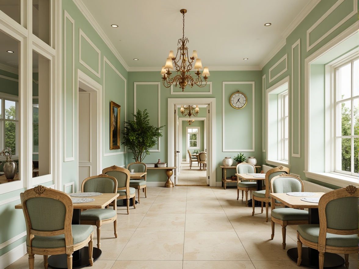 Prompt: Pastel mint walls, creamy white trim, warm beige flooring, elegant chandeliers, refined wooden tables, plush velvet chairs, soft sage green accents, delicate gold hardware, subtle linen textures, airy natural light, shallow depth of field, 1/1 composition, realistic reflections, ambient occlusion.