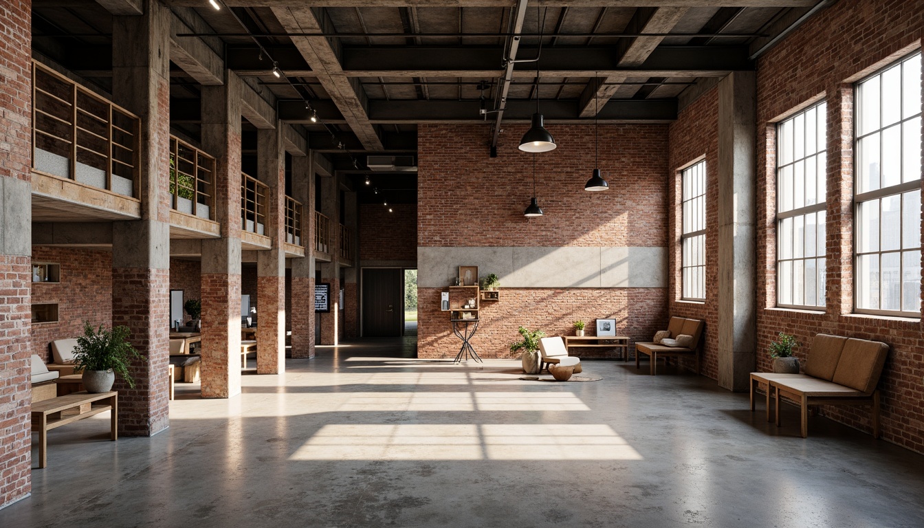 Prompt: Exposed brick walls, metal beams, reclaimed wood accents, industrial-style lighting fixtures, concrete floors, urban cityscape, converted warehouse, modern minimalist decor, functional simplicity, neutral color palette, distressed textures, edgy architectural lines, brutalist structures, functional spaces, open floor plans, natural ventilation systems, abundant natural light, high ceilings, urban loft atmosphere, gritty urban feel, dramatic shadows, low-key lighting, 3/4 composition, realistic materials, ambient occlusion.