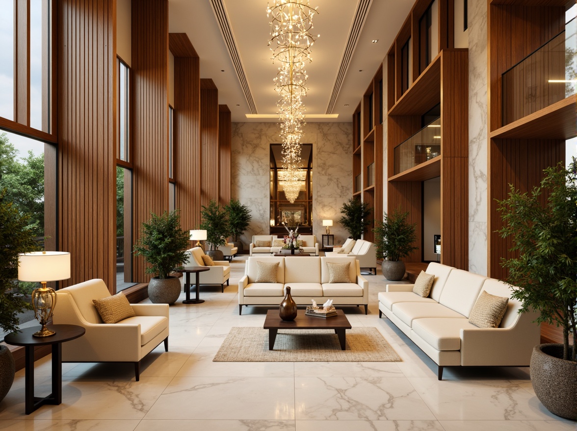 Prompt: Luxurious hotel lobby, rich wood accents, warm beige tones, soft cream hues, velvety upholstery, metallic gold fixtures, elegant chandeliers, sophisticated marble floors, lavish greenery, natural stone walls, floor-to-ceiling windows, abundant natural light, warm ambient lighting, shallow depth of field, 3/4 composition, realistic textures, ambient occlusion.