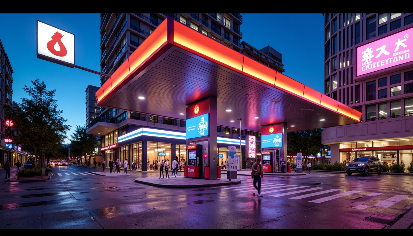 Prompt: Vibrant gas station, bold color scheme, bright LED lights, neon signs, modern fuel pumps, sleek metal canopies, glossy paint finishes, reflective glass surfaces, angular lines, dynamic shapes, urban cityscape, busy streets, rush hour atmosphere, warm sunny day, shallow depth of field, 1/1 composition, realistic textures, ambient occlusion.