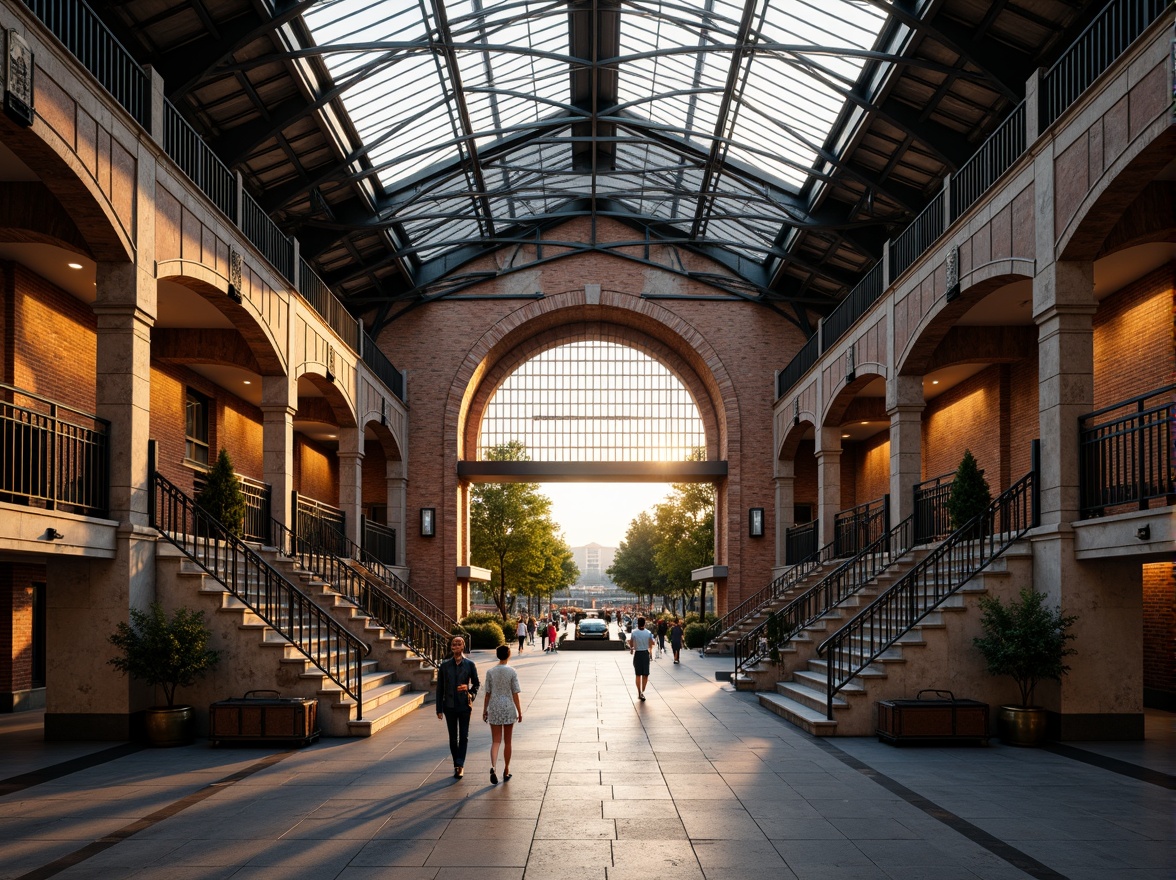 Prompt: Vibrant train station, eclectic fa\u00e7ade design, ornate metalwork, intricate stone carvings, grand entrance arches, sweeping staircases, ornamental railings, vintage luggage carts, distressed brick walls, industrial steel beams, modern LED lighting, dynamic glass canopies, asymmetrical composition, dramatic shadows, warm golden hour lighting, shallow depth of field, 1/2 composition, realistic textures, ambient occlusion.