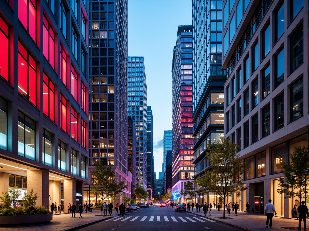 Prompt: Vibrant cityscape, modern skyscrapers, bold color blocking, contrasting hues, neon lights, urban atmosphere, bustling streets, pedestrian walkways, dynamic architecture, geometric patterns, metallic accents, glass facades, reflective surfaces, warm ambient lighting, shallow depth of field, 1/1 composition, realistic textures, ambient occlusion.