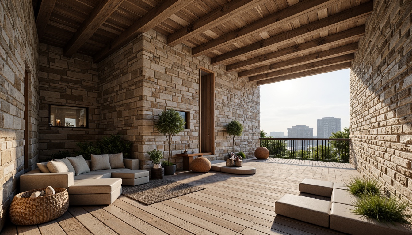 Prompt: Rough stone walls, rustic brick facades, wooden accents, natural wood grain, earthy tones, organic forms, irregular shapes, tactile experiences, 3D modeling, realistic renderings, ambient occlusion, soft warm lighting, shallow depth of field, 2/3 composition, modern architecture, sustainable design, eco-friendly materials, green roofs, living walls, urban landscapes, city skylines, industrial heritage, converted warehouses.