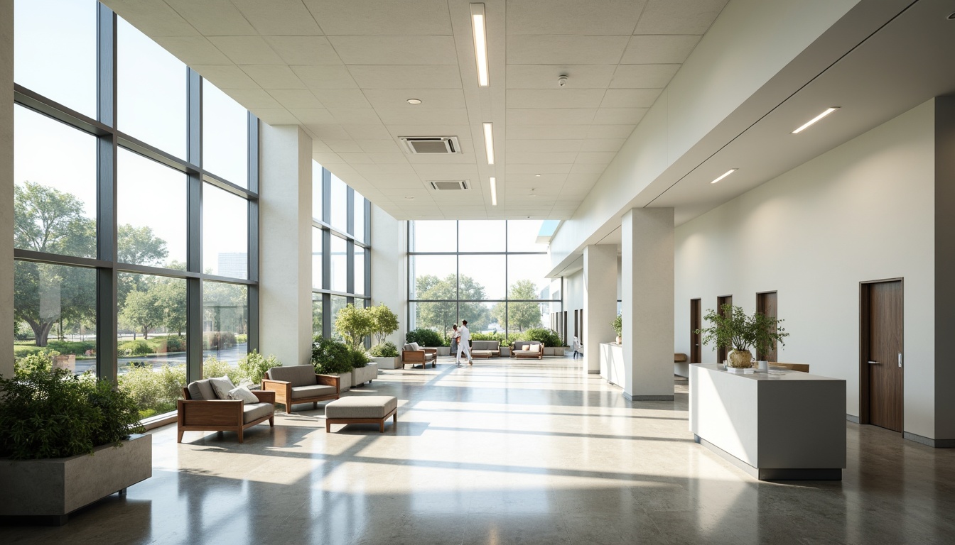 Prompt: Minimalist hospital interior, abundant natural light, floor-to-ceiling windows, sleek metal frames, polished concrete floors, calming white walls, sparse greenery, modern medical equipment, stainless steel surfaces, subtle ambient lighting, soft warm tones, shallow depth of field, 1/1 composition, realistic textures, ambient occlusion, serene atmosphere, peaceful waiting areas, comfortable patient rooms, efficient nurse stations, minimalist decor, natural stone accents, wooden furniture, gentle color palette.