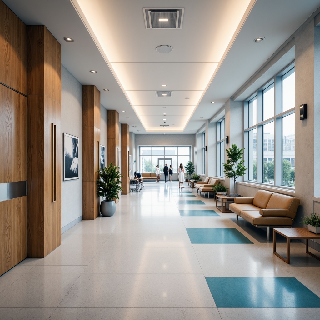 Prompt: Sleek hospital corridors, polished floors, minimalist decor, calming color schemes, natural light, floor-to-ceiling windows, modern medical equipment, stainless steel surfaces, ergonomic furniture, comfortable waiting areas, soothing artwork, subtle textures, ambient lighting, shallow depth of field, 1/1 composition, realistic renderings, soft focus, warm color tones, peaceful atmosphere.