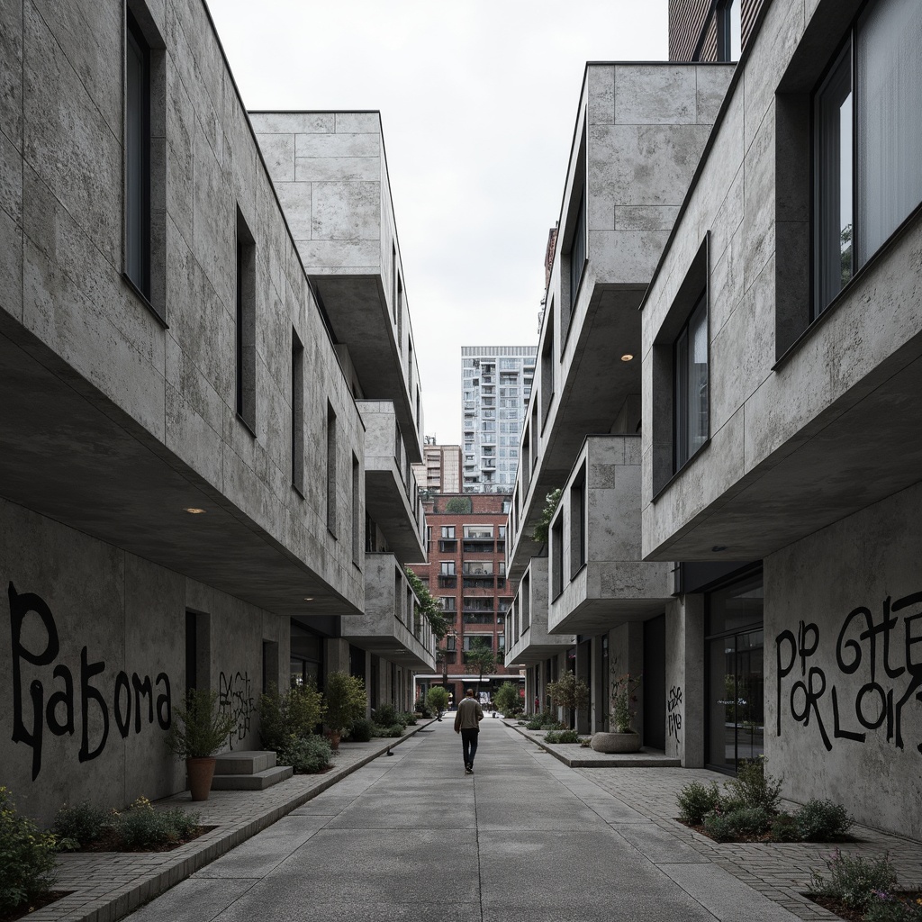 Prompt: Gainsboro-inspired brutalist architecture, monochromatic color scheme, weathered concrete textures, rugged stone walls, industrial metal accents, minimalist ornamentation, functional simplicity, urban cityscape, overcast sky, dramatic shadows, high-contrast lighting, 1/1 composition, symmetrical framing, bold geometric forms, raw materiality, distressed finishes, brutalist typography, abstract graffiti, moody atmospheric effects.