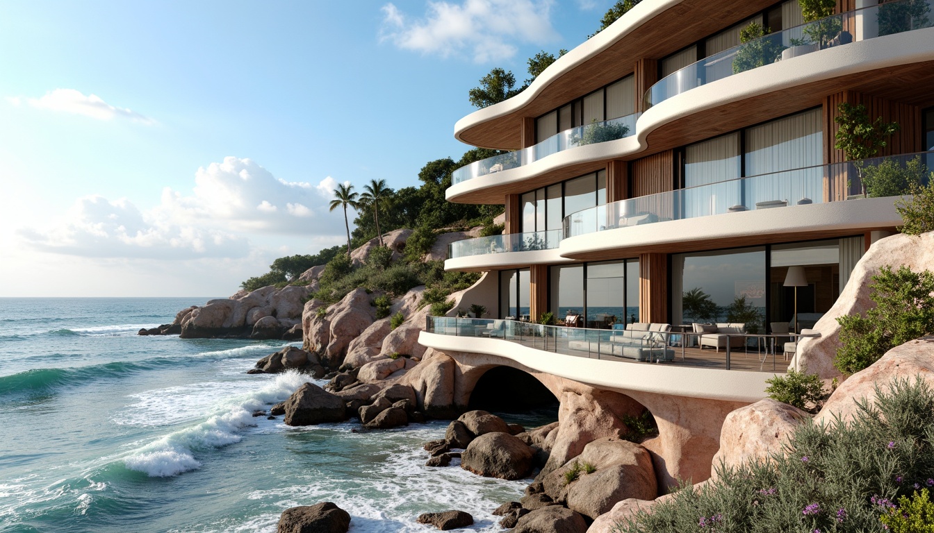 Prompt: Wave-crashing coastline, salty sea air, rugged cliffside, modern coastal architecture, undulating fa\u00e7ades, wavy balconies, ocean-inspired railings, driftwood accents, weathered wooden planks, beachy color palette, soft blue hues, creamy whites, coral pinks, large windows, sliding glass doors, natural ventilation systems, solar panels, green roofs, eco-friendly materials, cantilevered structures, dramatic overhangs, 3/4 composition, panoramic view, realistic textures, ambient occlusion.