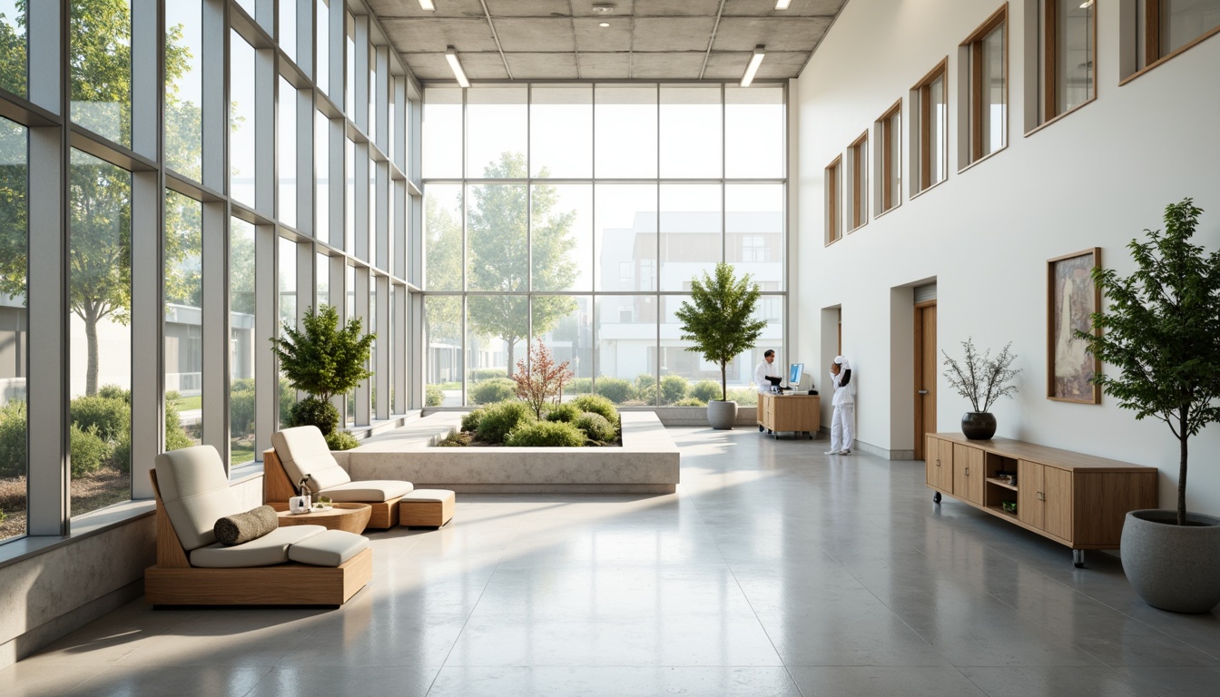 Prompt: Minimalist hospital interior, abundant natural light, floor-to-ceiling windows, sleek metal frames, polished concrete floors, calming white walls, sparse greenery, modern medical equipment, stainless steel surfaces, subtle ambient lighting, soft warm tones, shallow depth of field, 1/1 composition, realistic textures, ambient occlusion, serene atmosphere, peaceful waiting areas, comfortable patient rooms, efficient nurse stations, minimalist decor, natural stone accents, wooden furniture, gentle color palette.