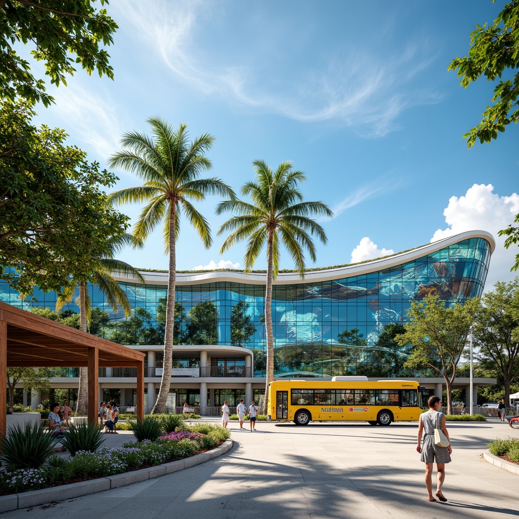 Prompt: Tropical island bus station, curved futuristic facade, iridescent glass panels, ocean-inspired wave patterns, coral reef-like structures, sustainable energy harvesting systems, solar panels, wind turbines, green roofs, eco-friendly materials, vibrant colorful accents, nautical-themed signage, beachy wooden textures, seaside-inspired landscaping, palm trees, sunny day, soft warm lighting, shallow depth of field, 3/4 composition, panoramic view, realistic textures, ambient occlusion.