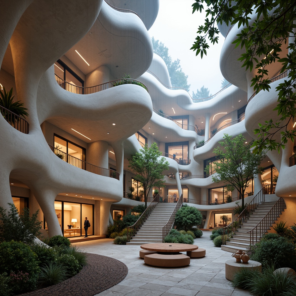 Prompt: Organic blob-shaped buildings, futuristic architecture, iridescent colors, glowing accents, undulating walls, fluid-like furniture, soft pulsing lighting, misty atmosphere, lush greenery, hanging plants, natural stone floors, polished metal surfaces, minimalist decor, cozy reading nooks, curved staircases, panoramic windows, 1/1 composition, shallow depth of field, warm color palette, ambient occlusion.