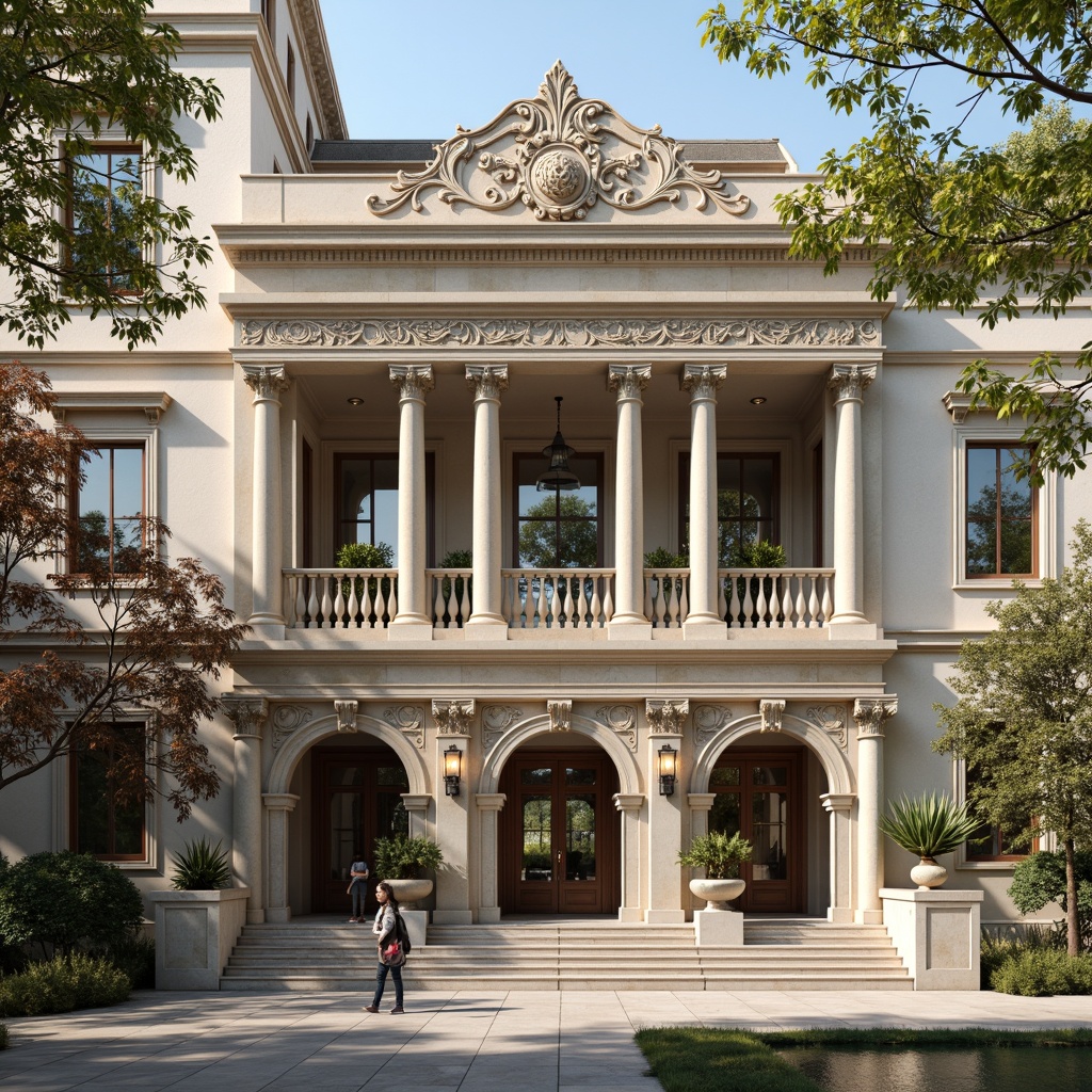 Prompt: Grandiose building facade, ornate columns, intricately carved details, symmetrical composition, classical proportions, limestone or marble materials, subtle color palette, soft natural light, warm afternoon ambiance, shallow depth of field, 2/3 composition, realistic textures, ambient occlusion, ornamental balustrades, decorative friezes, sculpted pediments, grand entranceways, sweeping staircases, elegant archways, refined moldings, luxurious ornamentation.