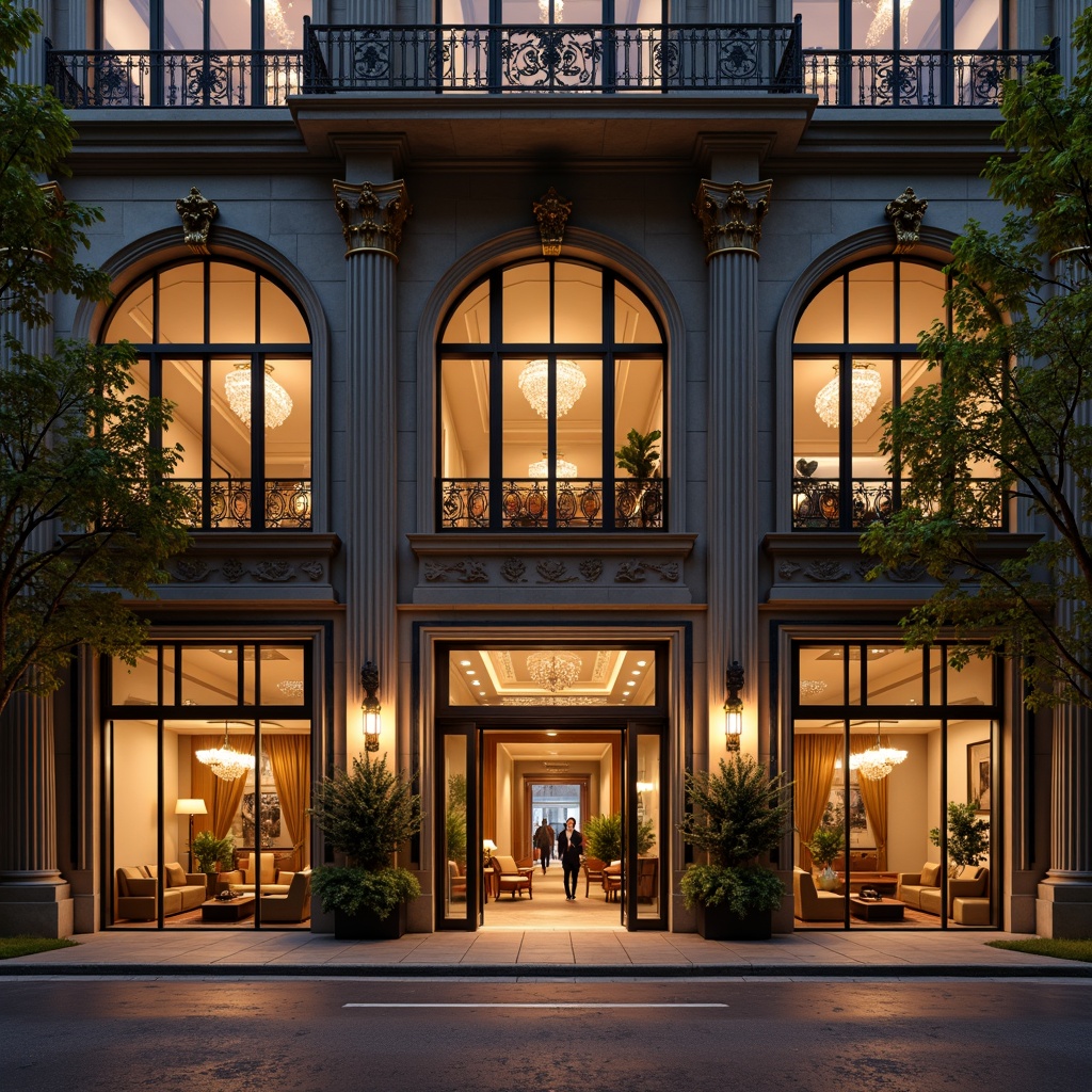 Prompt: Grand hotel entrance, ornate columns, symmetrical facade, rusticated base, arched windows, balconies with intricate metalwork, neoclassical details, luxurious materials, marble floors, crystal chandeliers, opulent furnishings, lavish decor, warm golden lighting, shallow depth of field, 1/1 composition, realistic textures, ambient occlusion, urban cityscape, busy streets, vibrant nightlife, evening atmosphere.