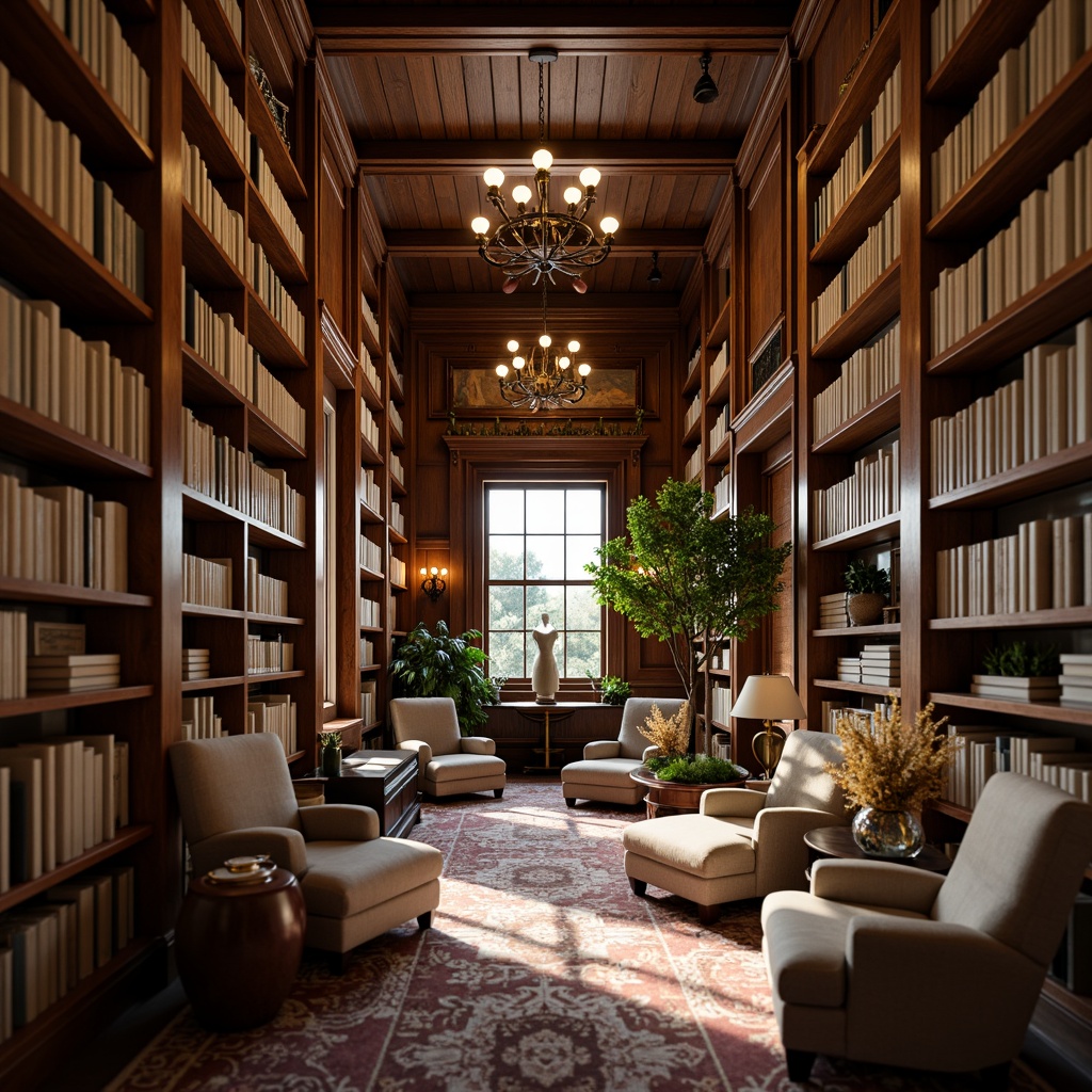 Prompt: Cozy library atmosphere, warm wooden shelves, comfortable reading nooks, soft cushioned chairs, rich leather-bound books, elegant chandeliers, subtle natural light, earthy tone color palette, soothing sage greens, muted terracotta reds, creamy whites, dark walnut wood accents, vintage metal lanterns, ornate wooden paneling, plush area rugs, warm golden lighting, shallow depth of field, 2/3 composition, realistic textures, ambient occlusion.