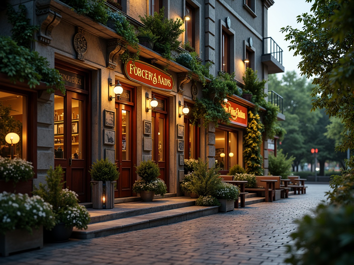 Prompt: Rustic pub exterior, Baroque-inspired fa\u00e7ade, ornate stone carvings, grand entranceways, lantern-style lighting, lush greenery, overflowing flower boxes, meandering cobblestone pathways, natural stone walls, wooden benches, vintage metal signs, warm golden lighting, soft focus, shallow depth of field, 1/2 composition, intimate atmosphere, realistic textures, ambient occlusion.