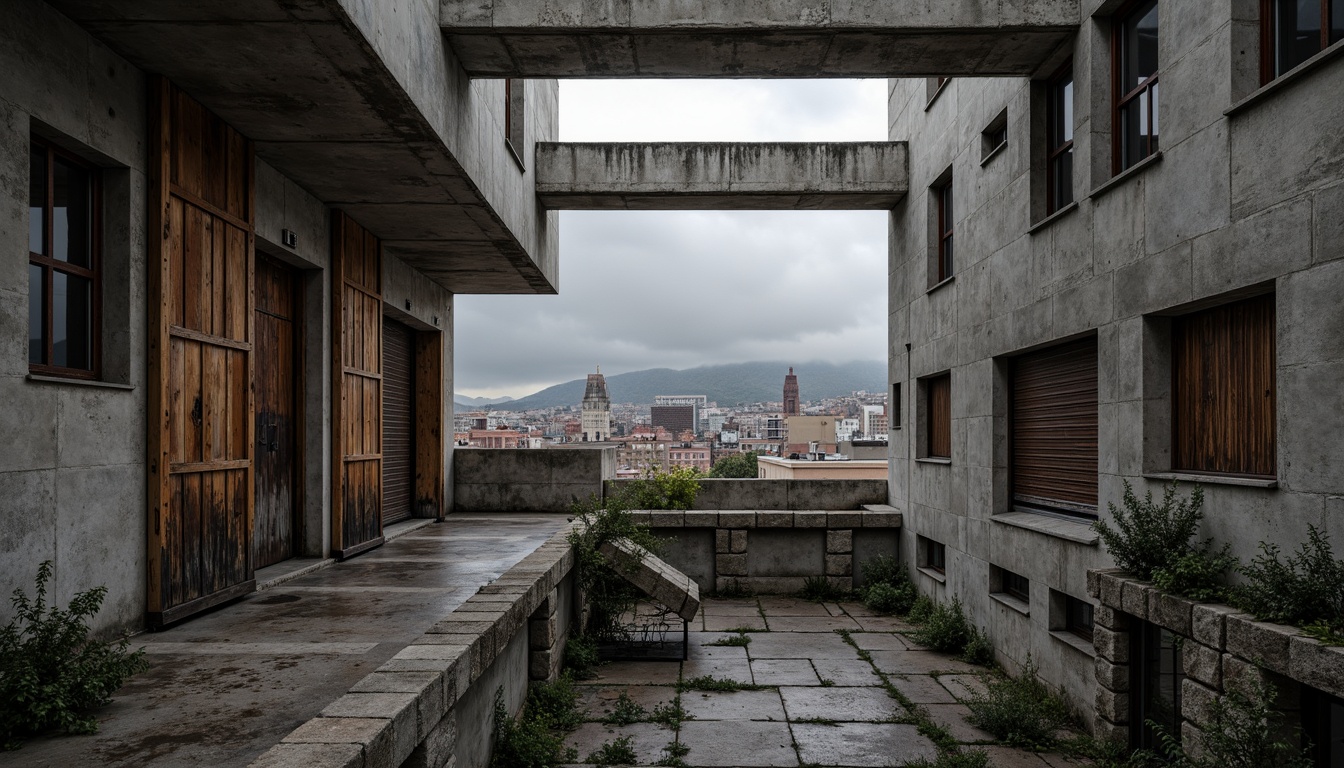 Prompt: Rough concrete walls, exposed ductwork, industrial metal beams, raw brick facades, brutalist fortress-like structures, rugged stone foundations, distressed wood accents, weathered steel surfaces, urban cityscape backdrop, overcast skies, dramatic shadows, high-contrast lighting, cinematic composition, gritty realistic textures, ambient occlusion.