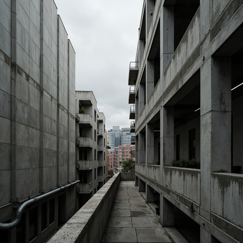 Prompt: Exposed concrete walls, rugged textures, industrial pipes, raw steel beams, minimalist balconies, brutalist architecture, urban cityscape, gloomy overcast sky, dramatic shadows, high-contrast lighting, bold geometric forms, functional simplicity, distressed finishes, poured-in-place concrete, cold monochromatic color palette, 1/1 composition, low-angle shot, cinematic atmosphere, gritty realistic textures.