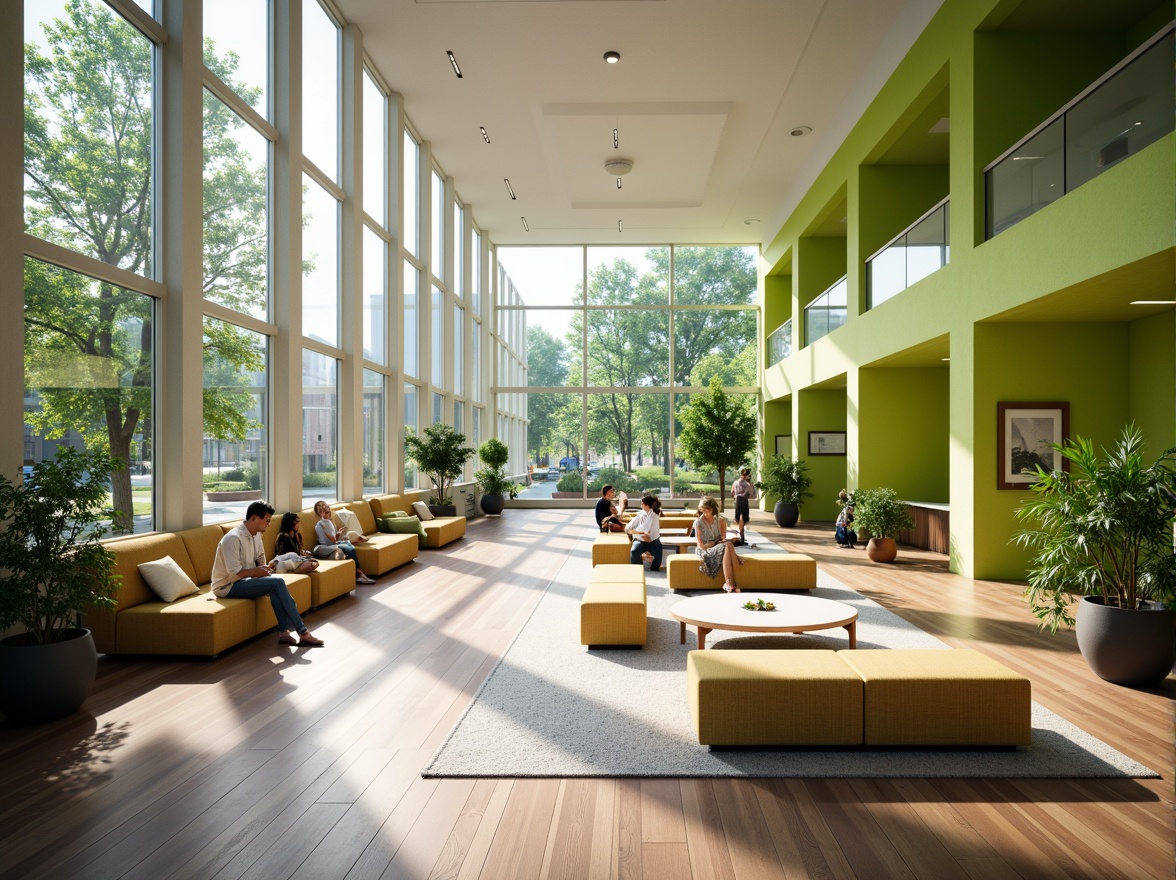 Prompt: Spacious student hall, abundant natural light, floor-to-ceiling windows, minimalist interior design, sleek wooden floors, modern furniture, vibrant green walls, lush indoor plants, open communal areas, comfortable seating zones, warm color schemes, soft diffused lighting, 1/1 composition, shallow depth of field, realistic textures, ambient occlusion.