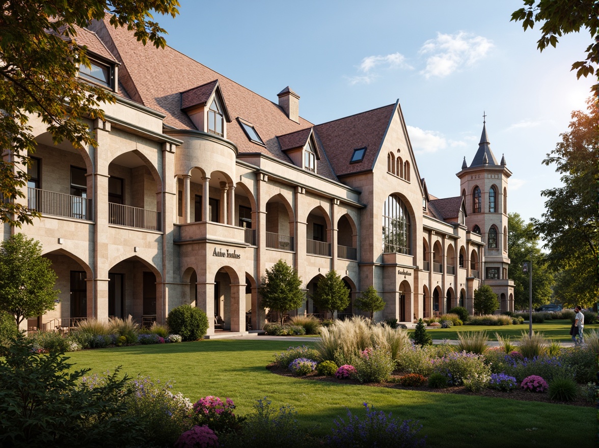 Prompt: Grand university building, ornate roof tiling, Gothic arches, ribbed vaults, flying buttresses, stained glass skylights, intricate stone carvings, classical columns, symmetrical fa\u00e7ade, imposing clock tower, lush greenery, vibrant flowers, sunny day, soft warm lighting, shallow depth of field, 3/4 composition, panoramic view, realistic textures, ambient occlusion.