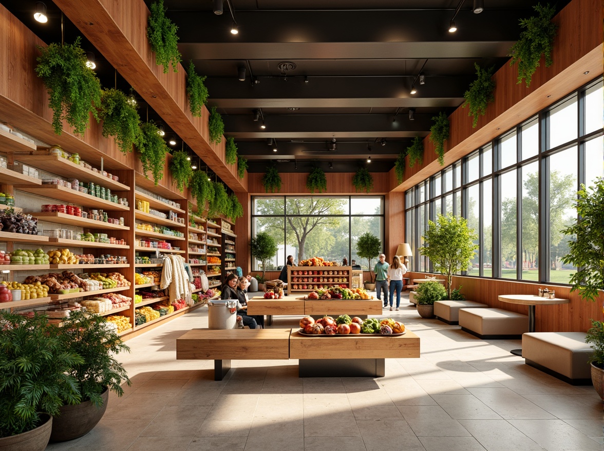 Prompt: Vibrant grocery store interior, warm beige walls, rich wood accents, fresh greenery, natural stone flooring, modern metal shelving, colorful product displays, appetizing food arrangements, inviting checkout counters, comfortable seating areas, soft warm lighting, shallow depth of field, 1/1 composition, realistic textures, ambient occlusion.