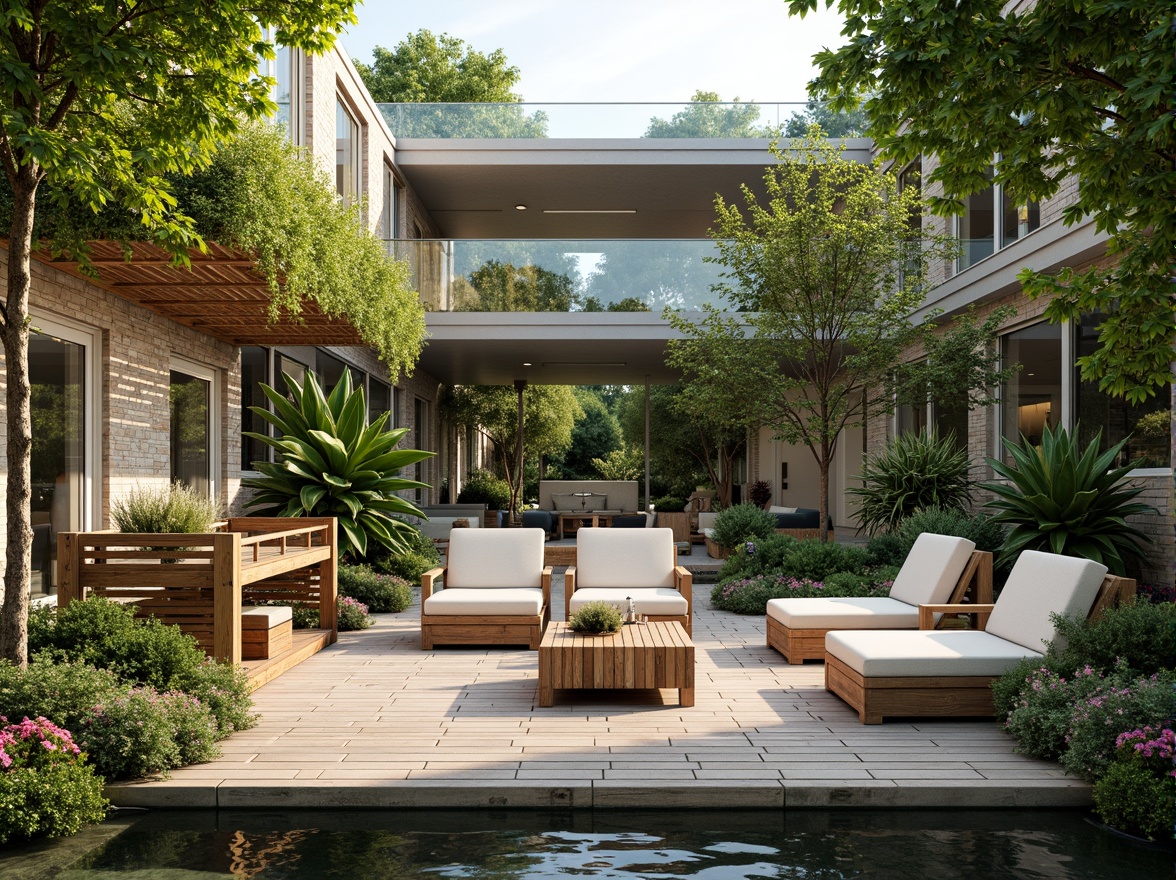 Prompt: Seamless outdoor-indoor transition, lush green roofs, vertical gardens, natural stone walls, wooden decks, floor-to-ceiling windows, sliding glass doors, open-air corridors, breezy verandas, shaded courtyards, vibrant flower arrangements, modern minimalist furniture, eco-friendly materials, sustainable water features, small ponds, trickling fountains, soft warm lighting, shallow depth of field, 3/4 composition, panoramic view, realistic textures, ambient occlusion.