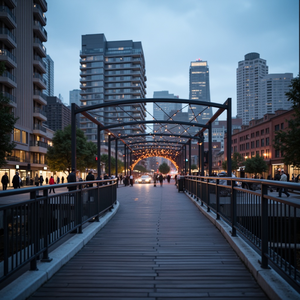 Prompt: Curved pedestrian bridge, sleek metal railings, wooden decking, modern urban landscape, city skyline, busy streets, vibrant streetlights, evening atmosphere, soft warm glow, shallow depth of field, 3/4 composition, panoramic view, realistic textures, ambient occlusion, structural columns, cantilevered sections, suspension cables, diagonal bracing, geometric shapes, minimalist design, functional aesthetics, pedestrian-friendly infrastructure, accessible ramps, safety handrails, urban connectivity.