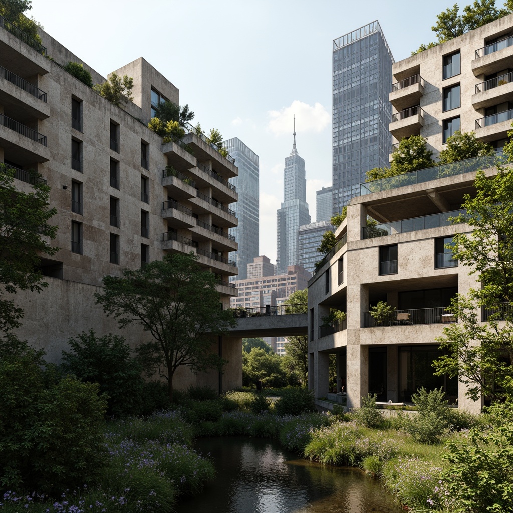 Prompt: Rugged brutalist buildings, raw concrete textures, fortress-like structures, overgrown vegetation, wildflowers, moss-covered walls, weathered steel beams, industrial materials, urban landscape integration, cityscape views, elevated walkways, cantilevered sections, dramatic shadows, harsh natural light, 1/1 composition, symmetrical framing, high-contrast lighting, gritty realistic textures, ambient occlusion.