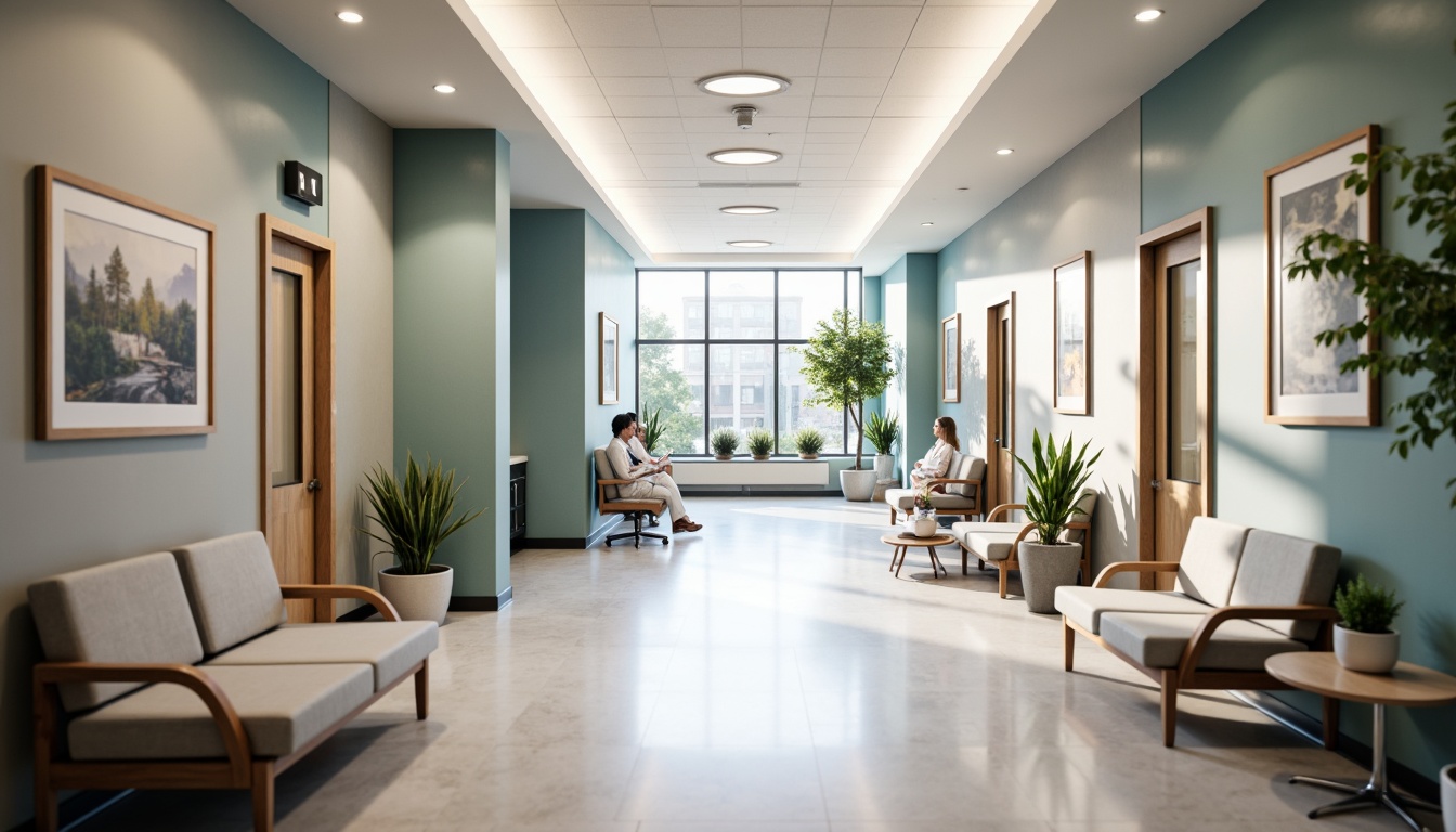 Prompt: Sleek hospital corridors, polished floors, minimalist decor, calming color schemes, natural light, floor-to-ceiling windows, modern medical equipment, stainless steel surfaces, ergonomic furniture, comfortable waiting areas, soothing artwork, subtle textures, ambient lighting, shallow depth of field, 1/1 composition, realistic renderings, soft focus, warm color tones, peaceful atmosphere.