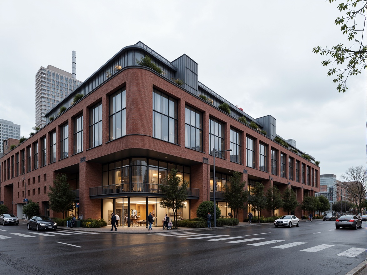 Prompt: Industrial factory building, exposed brick facade, steel frame structure, large windows, metal cladding, corrugated roofs, functional minimalism, brutalist architecture, urban landscape, busy streets, modern cityscape, cloudy sky, soft diffused lighting, shallow depth of field, 2/3 composition, realistic textures, ambient occlusion.