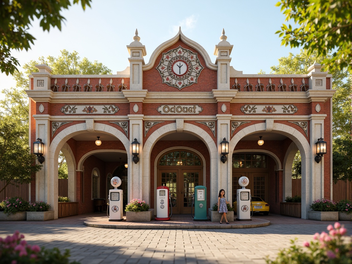 Prompt: Whimsical gas station, ornate fa\u00e7ade, vintage petrol pumps, distressed brick walls, rusty metal accents, floral patterns, soft pastel colors, intricate stonework, grand entrance arches, decorative cornices, ornamental turrets, lush greenery, blooming flowers, warm sunny day, soft golden lighting, shallow depth of field, 1/1 composition, realistic textures, ambient occlusion.