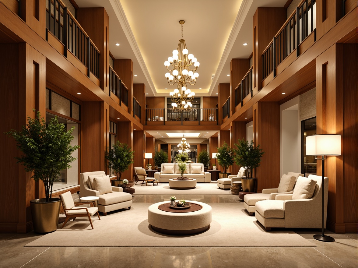 Prompt: Luxurious hotel lobby, rich wood accents, warm beige tones, soft cream hues, velvety upholstery, metallic gold fixtures, elegant chandeliers, natural stone flooring, ambient warm lighting, shallow depth of field, 3/4 composition, panoramic view, realistic textures, inviting atmosphere.