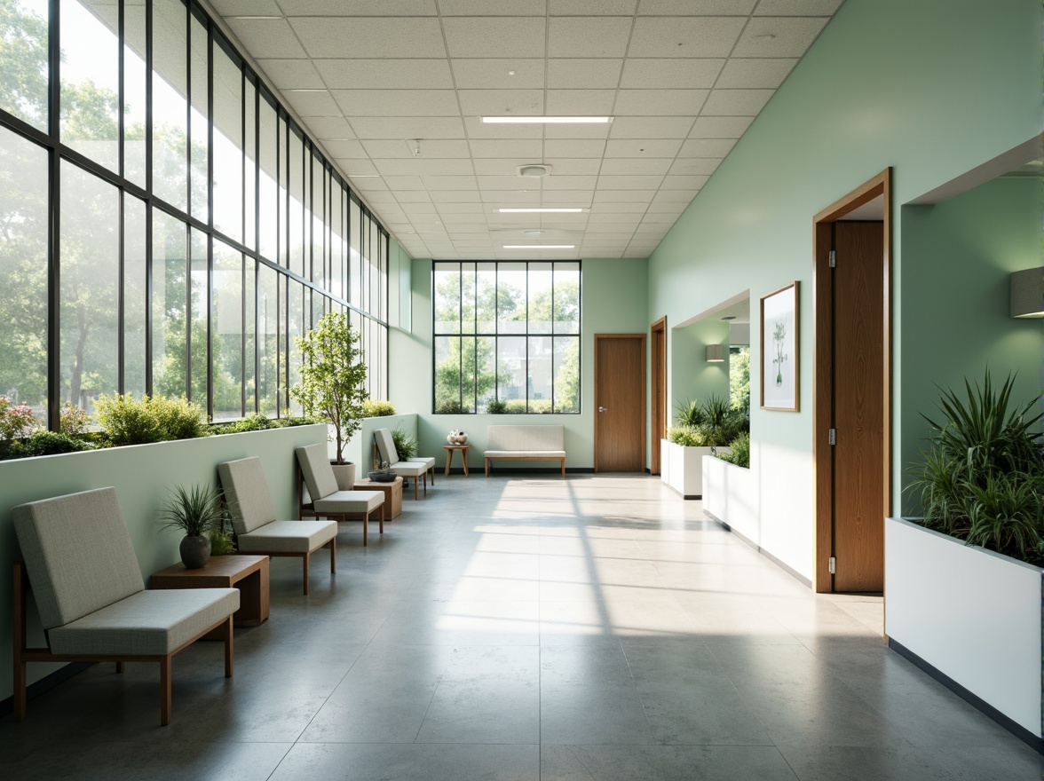 Prompt: Minimalist hospital interior, clean lines, monochromatic color scheme, polished concrete floors, sleek metal equipment, modern medical furniture, functional layout, efficient workflow, calming atmosphere, natural light, floor-to-ceiling windows, green walls, living plants, subtle textures, soft warm lighting, shallow depth of field, 3/4 composition, realistic renderings, ambient occlusion.