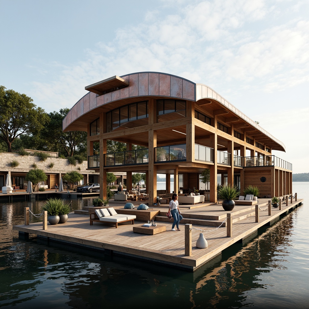 Prompt: Waterfront boathouse, international style, curved rooflines, wooden accents, nautical elements, sailboat-inspired design, rustic wood decking, rope railings, porthole windows, copper cladding, weathered steel roofing, modern minimalist interior, open-plan living area, floor-to-ceiling glass walls, panoramic lake views, soft warm lighting, shallow depth of field, 1/1 composition, realistic textures, ambient occlusion.